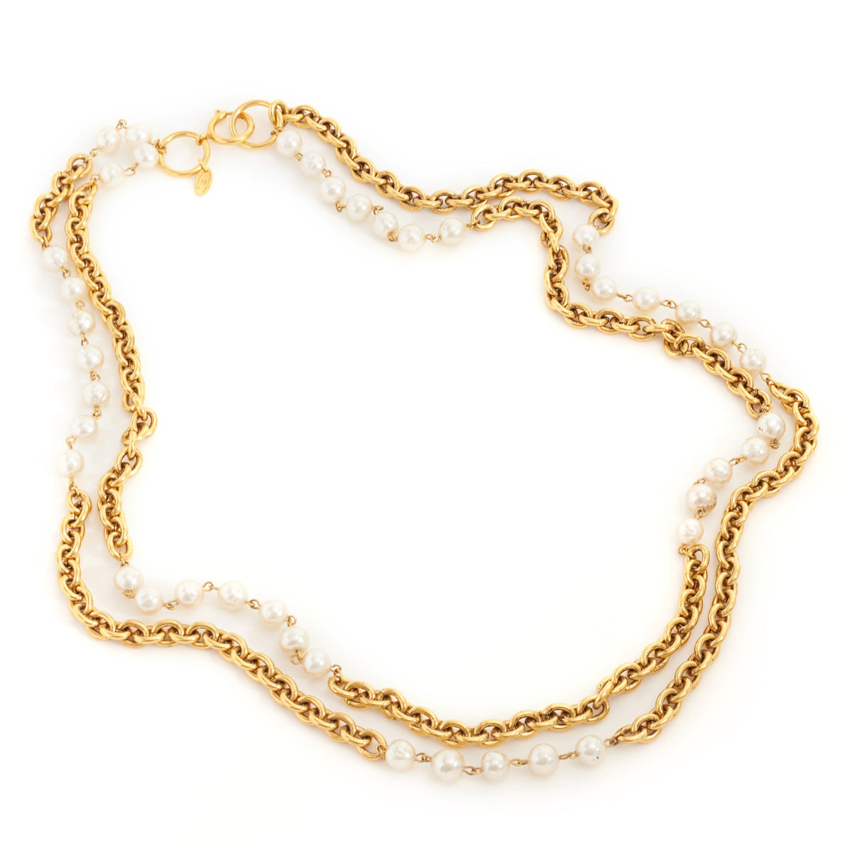 Gold Metal Imitation Pearl CC Choker Chain Necklace, 1985